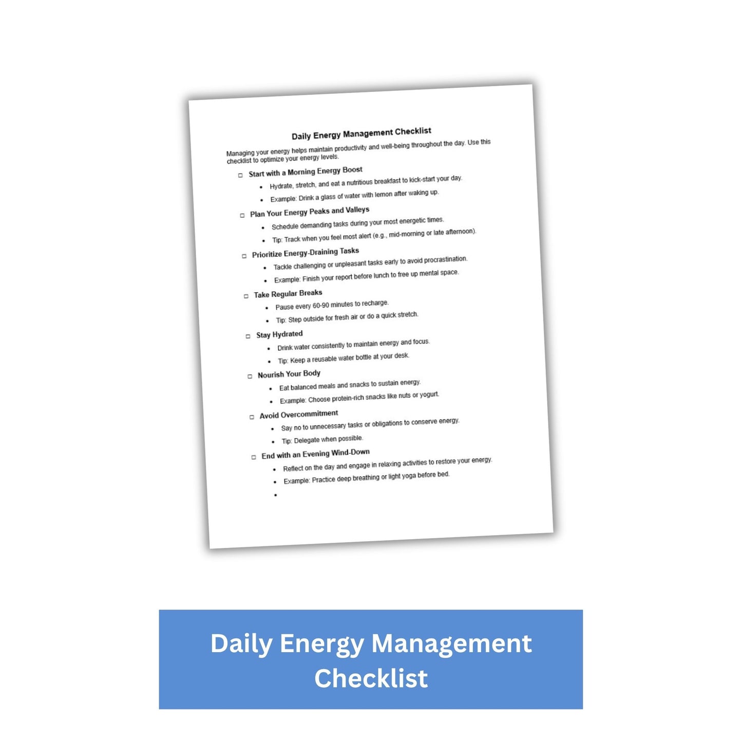 Daily Energy Management PLR Checklist & Worksheet