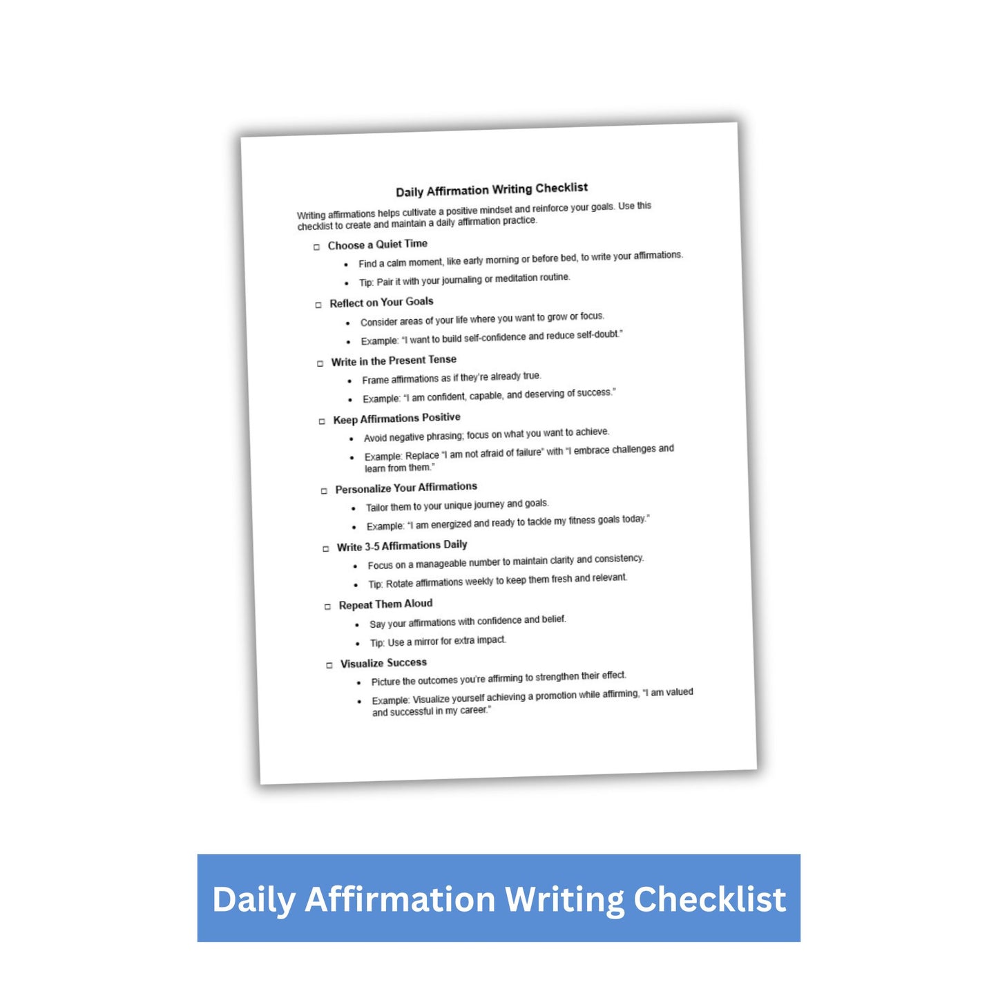 Daily Affirmation Writing PLR Checklist & Worksheet