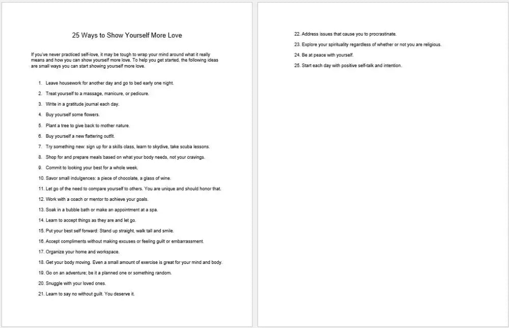 25 Ways To Show Yourself More Love List With Worksheet Checklist And Printable Worksheets Checklists