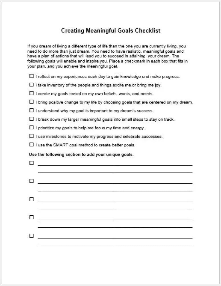 Creating Meaningful Goals Checklist And Worksheet Printable Worksheets Checklists Plr