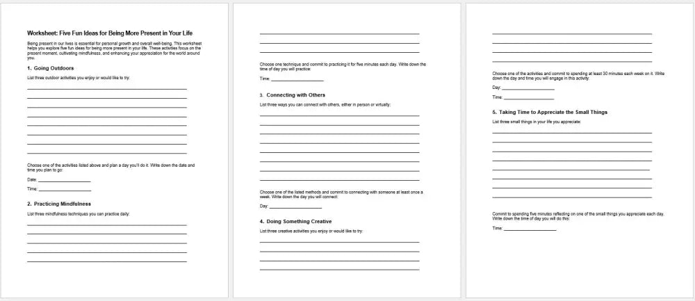 Five Fun Ideas For Being More Present In Your Life Checklist And Worksheet Printable Worksheets