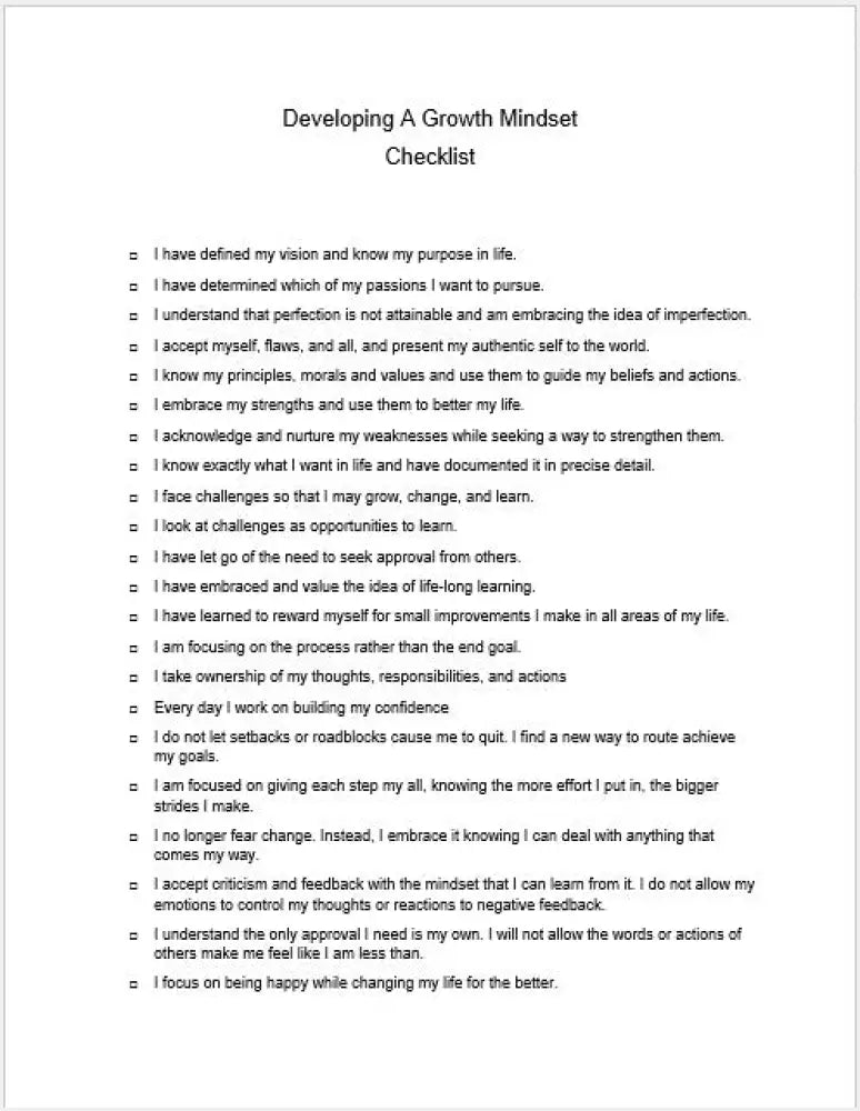 Growth Mindset Checklist And Worksheet Printable Worksheets Checklists Plr