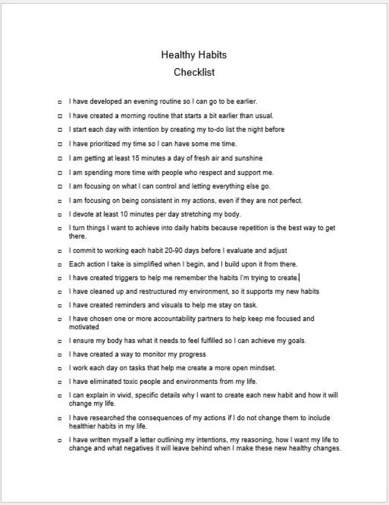 Healthy Habits For Personal Development Checklist And Worksheet Printable Worksheets Checklists Plr
