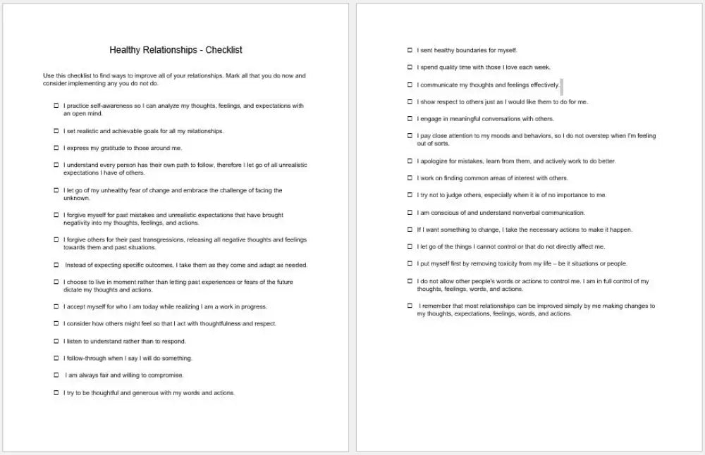 Healthy Relationships Checklist And Worksheet Printable Worksheets Checklists Plr