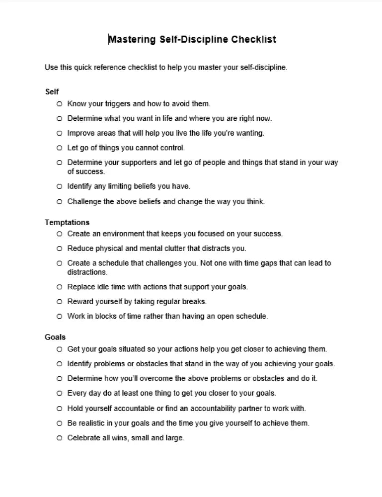 Mastering Self-Discipline Checklist And Worksheet Printable Worksheets Checklists Plr