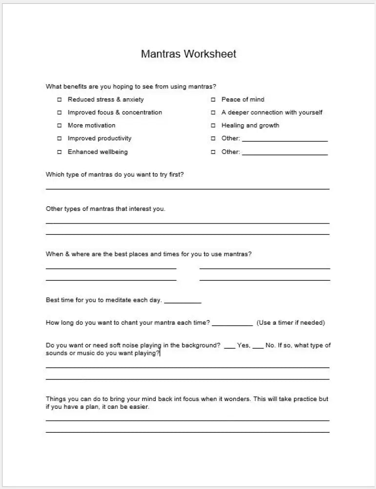 Motivational Mantras Checklist And Worksheet Printable Worksheets Checklists Plr