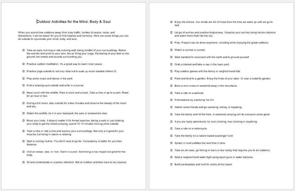 Outdoor Activities For The Mind Body & Soul Checklist And Worksheet Printable Worksheets Checklists