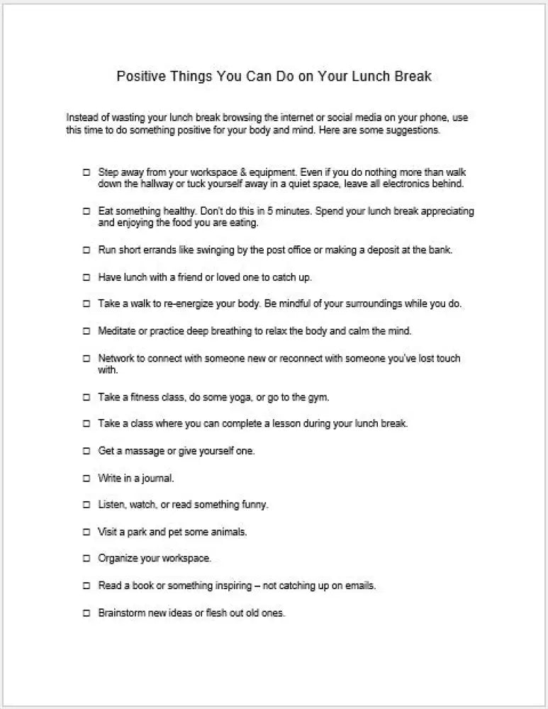 Positive Things You Can Do On Your Lunch Break Checklist And Worksheet Printable Worksheets