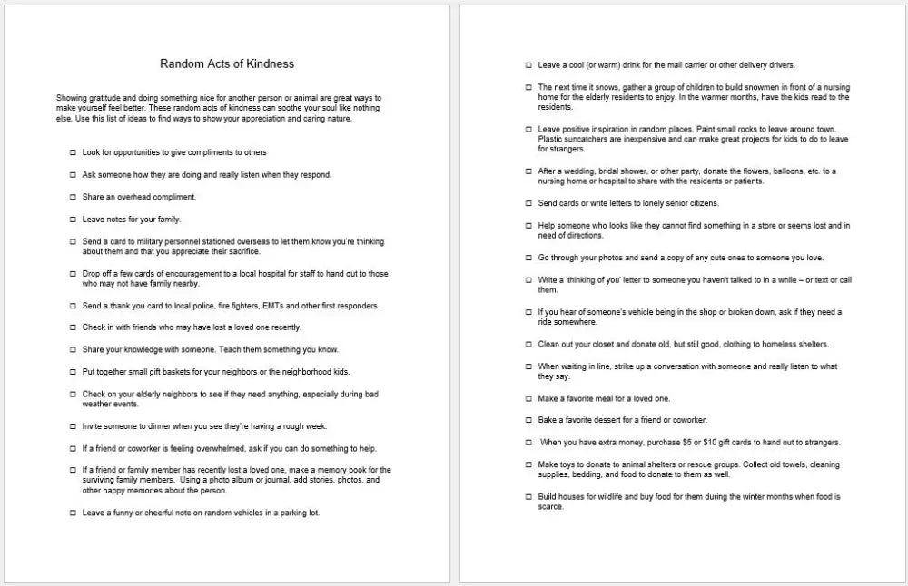 Random Acts Of Kindness Checklist And Worksheet Printable Worksheets Checklists Plr