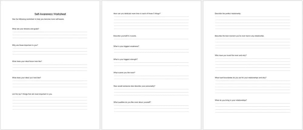 Self-Awareness 60 Questions And Worksheet Checklist Printable Worksheets Checklists Plr