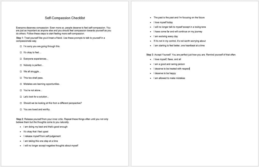 Self-Compassion Checklist And Worksheet Printable Worksheets Checklists Plr
