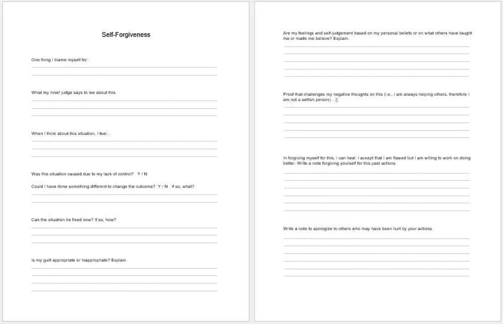 Self-Forgiveness Checklist And Worksheet Printable Worksheets Checklists Plr