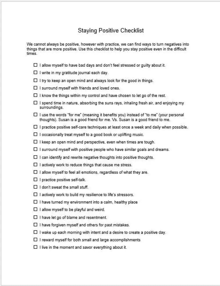 Staying Positive Checklist And Worksheet Printable Worksheets Checklists Plr