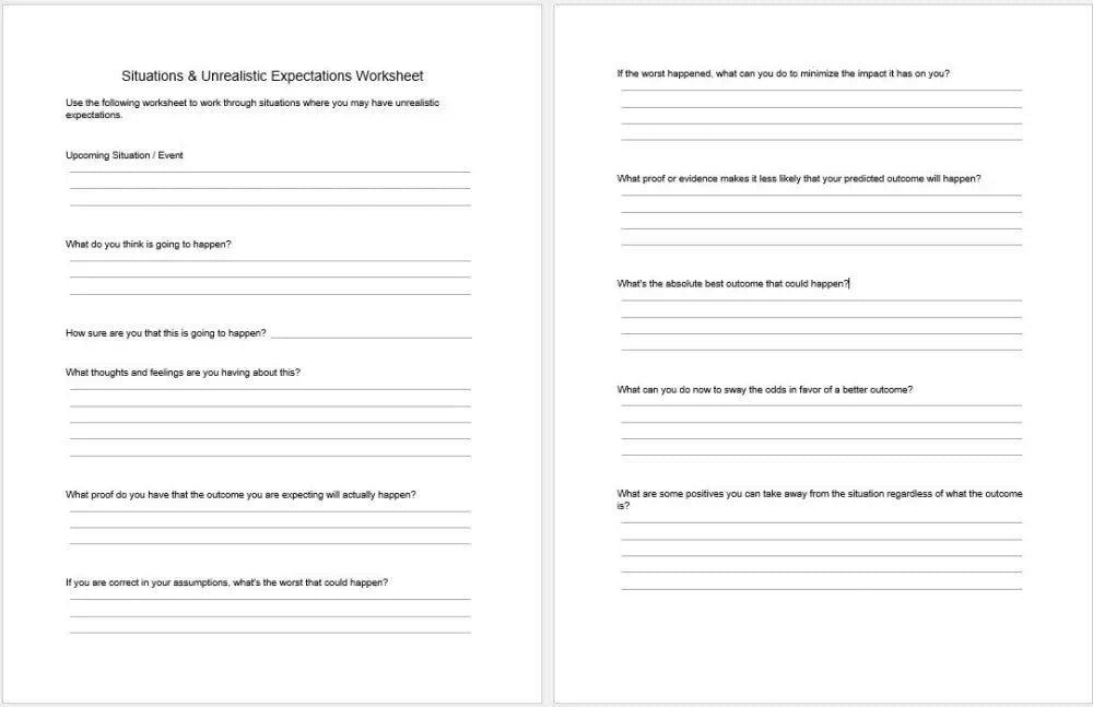 Unrealistic Expectations Checklist And Worksheet Printable Worksheets Checklists Plr