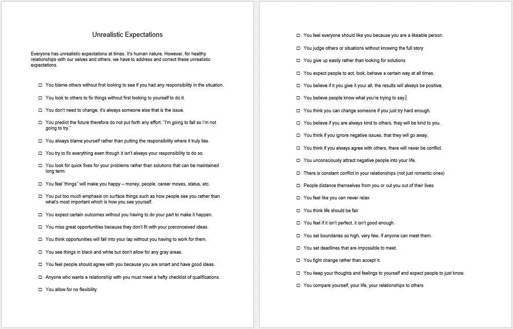 Unrealistic Expectations Checklist And Worksheet Printable Worksheets Checklists Plr