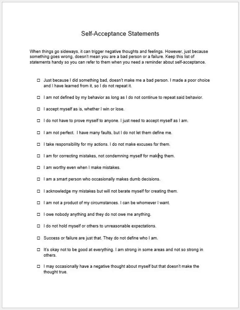 Working Out Worries & Self-Acceptance Statements Checklist And Worksheet Printable Worksheets