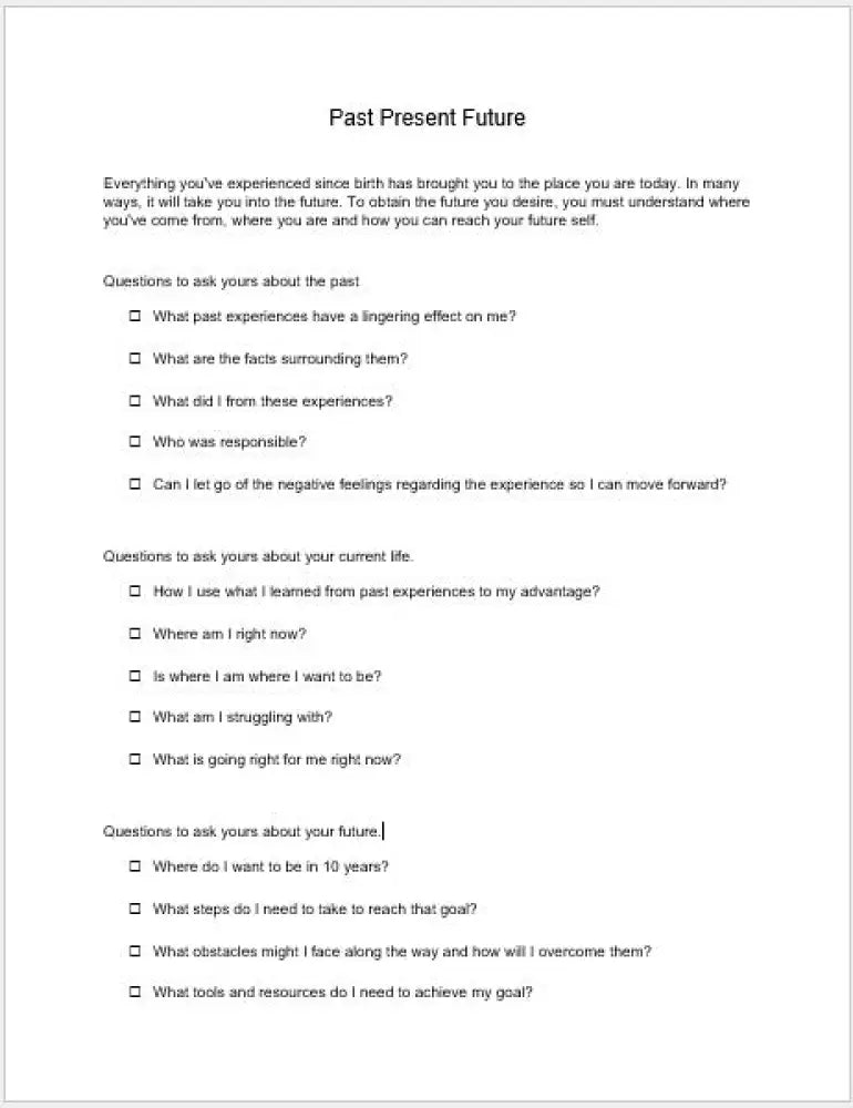 Working Through Your Past Present And Future Checklist Worksheet Printable Worksheets Checklists Plr
