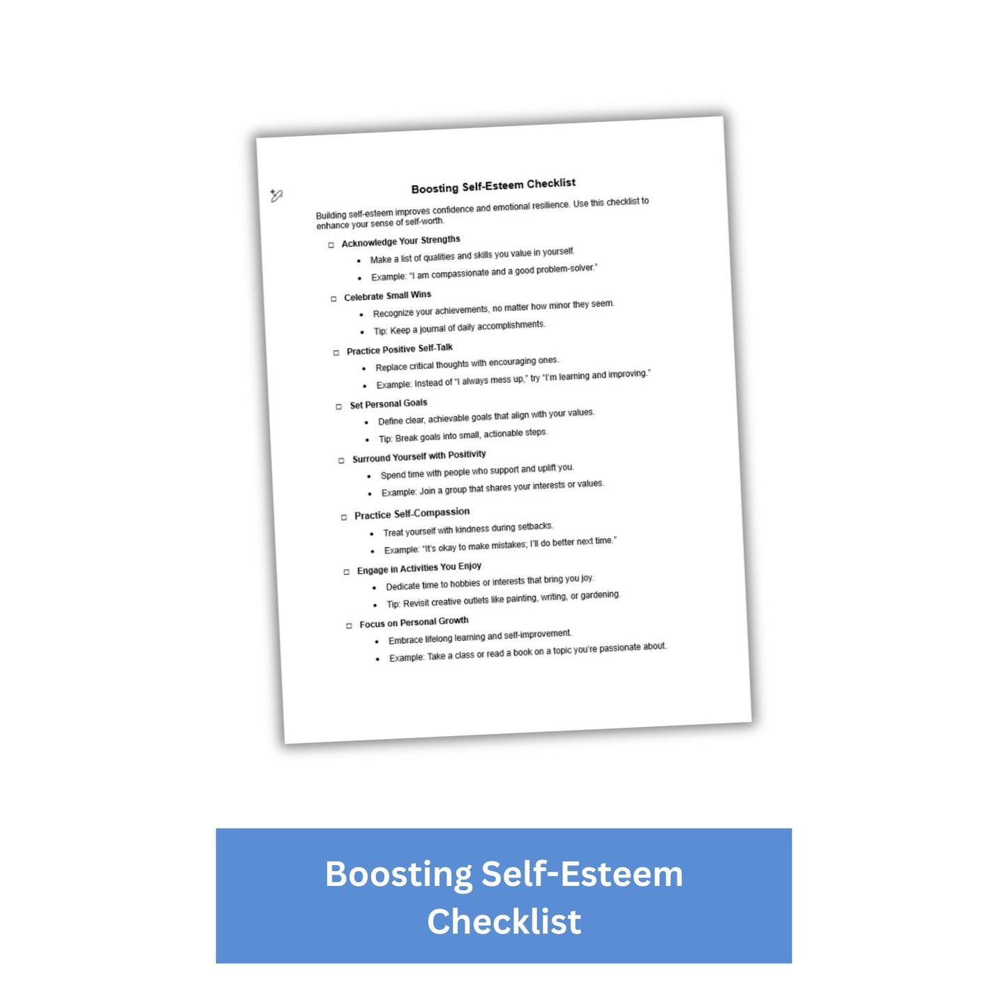 Boosting Self-Esteem PLR Checklist & Worksheet