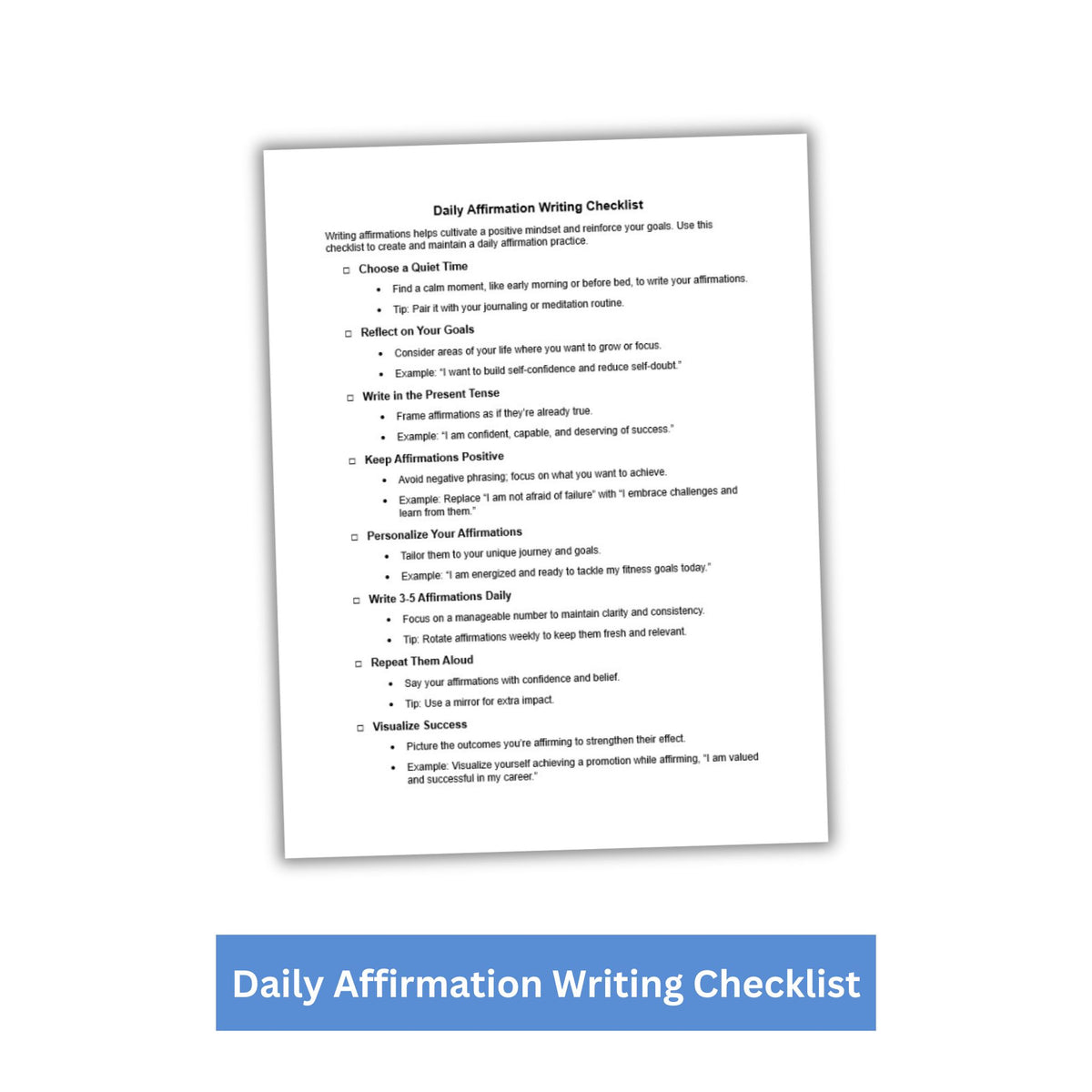 Affirmation Checklist Daily Affirmation Writing PLR Checklist & Worksheet