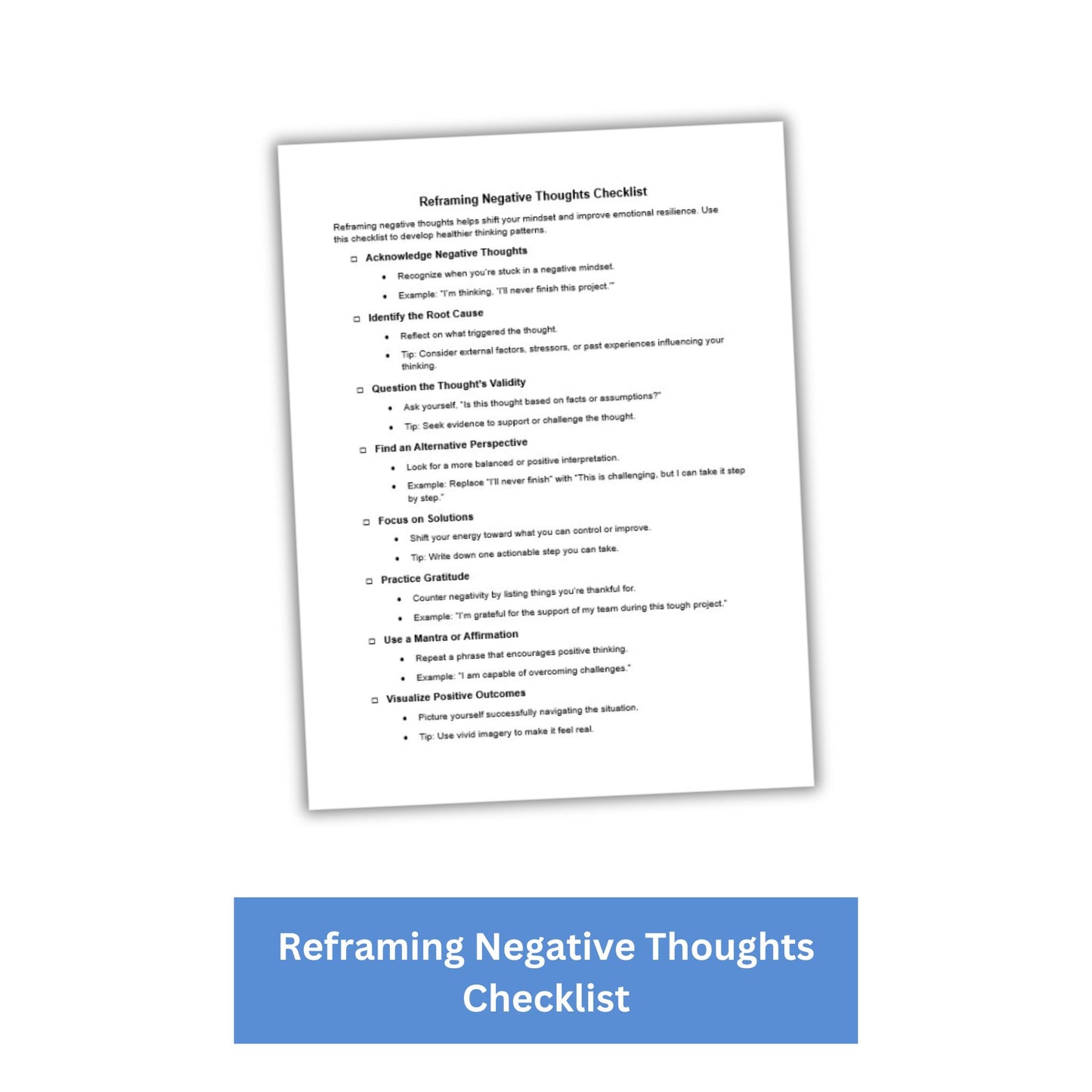 Reframing Negative Thoughts PLR Checklist & Worksheet