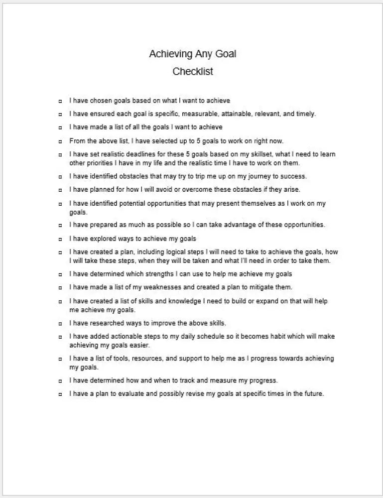 Achieving Any Goal Checklist And Worksheet Printable Worksheets Checklists Plr