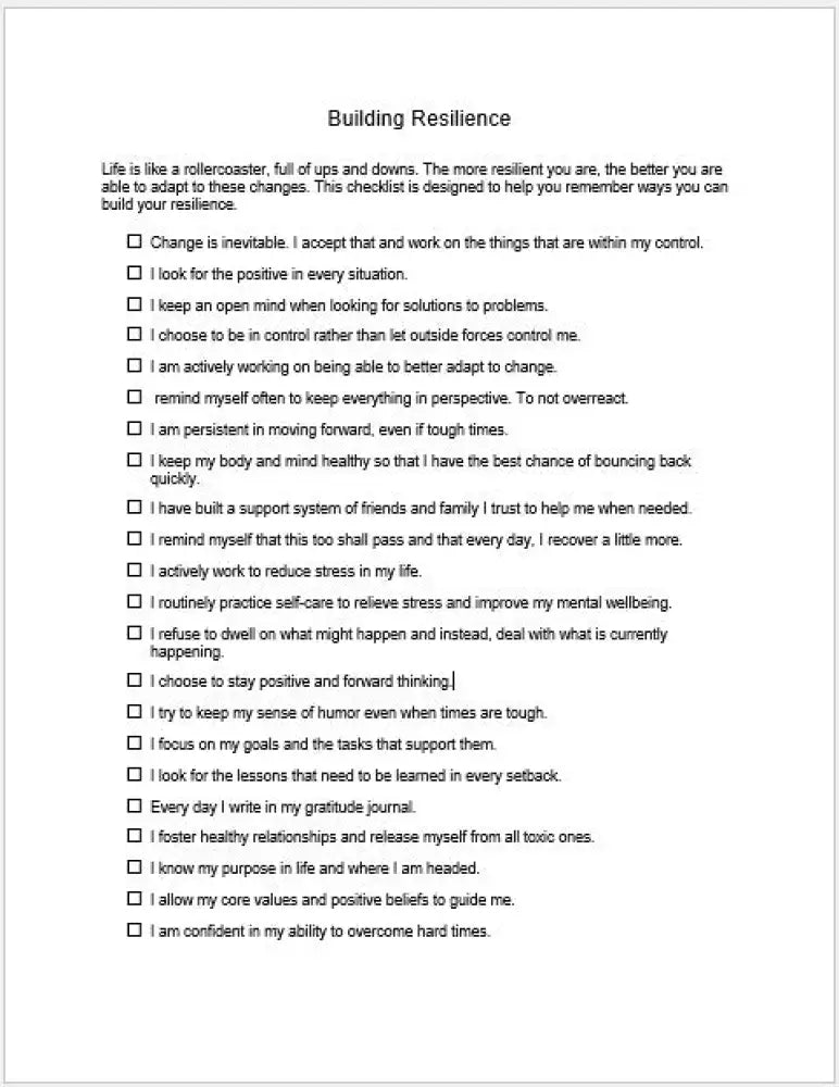Building Resilience Checklist And Worksheet Printable Worksheets Checklists Plr