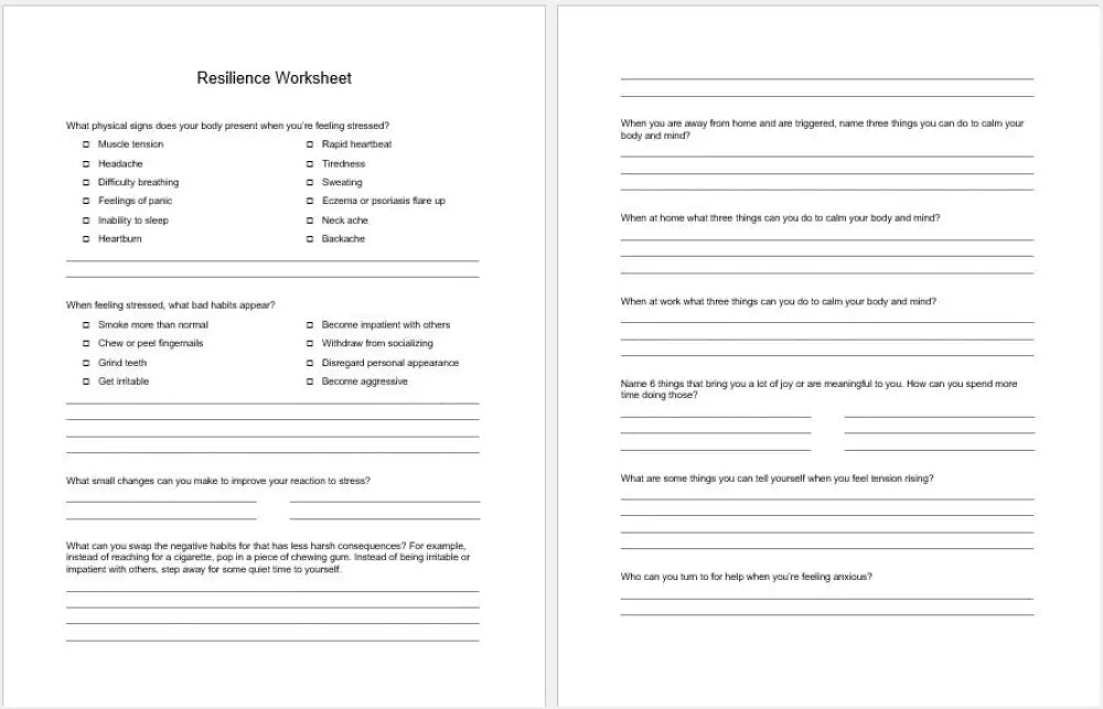 Building Resilience Checklist And Worksheet Printable Worksheets Checklists Plr