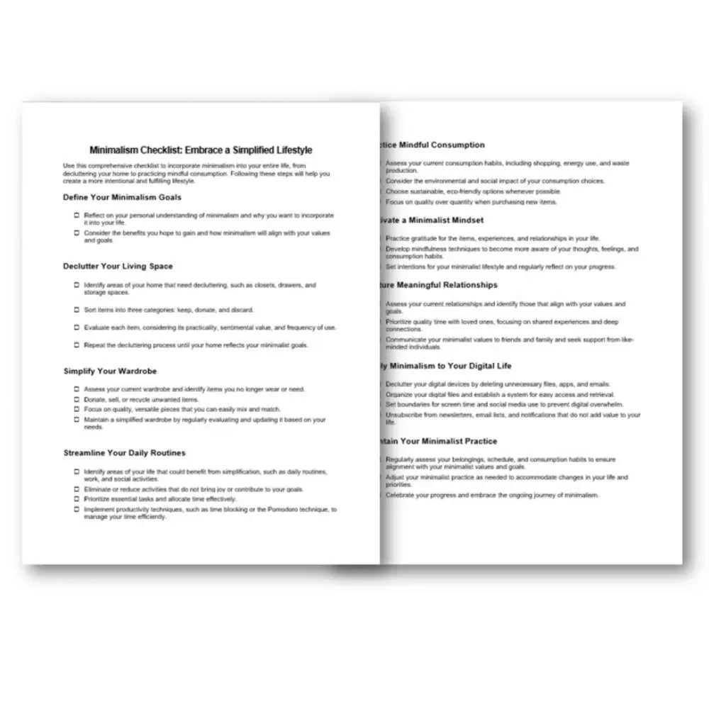 Embracing & Implementing Minimalism in Your Life Checklist and Workshe