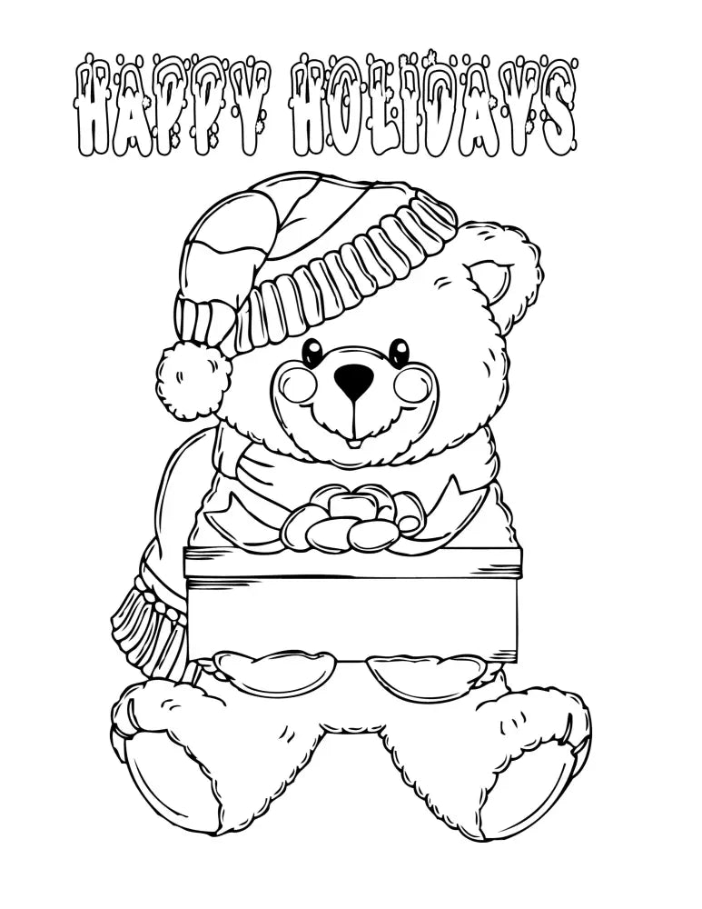 ’Happy Holidays Bear’ Christmas Plr Coloring Page Pages