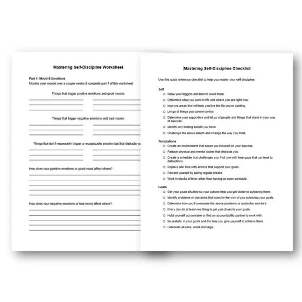 Mastering Self-Discipline Checklist And Worksheet Printable Worksheets Checklists Plr