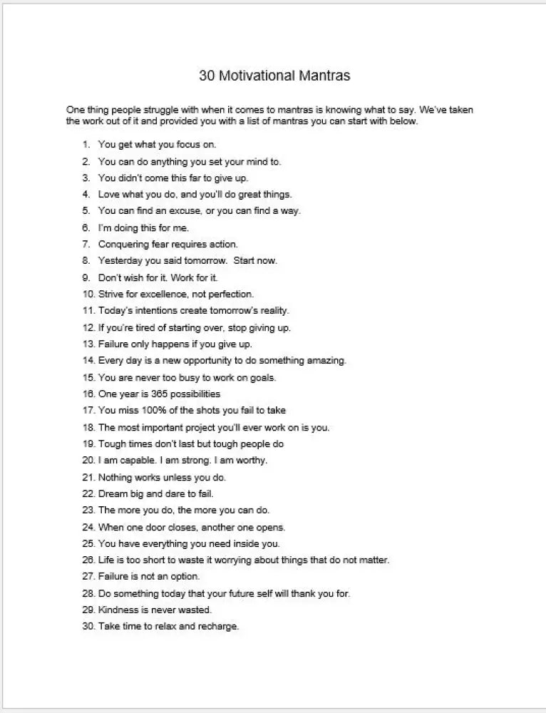 Motivational Mantras Checklist And Worksheet Printable Worksheets Checklists Plr