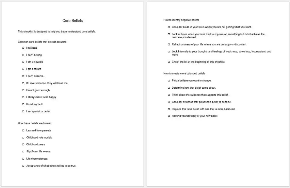My Core Beliefs Checklist And Worksheet Printable Worksheets Checklists Plr