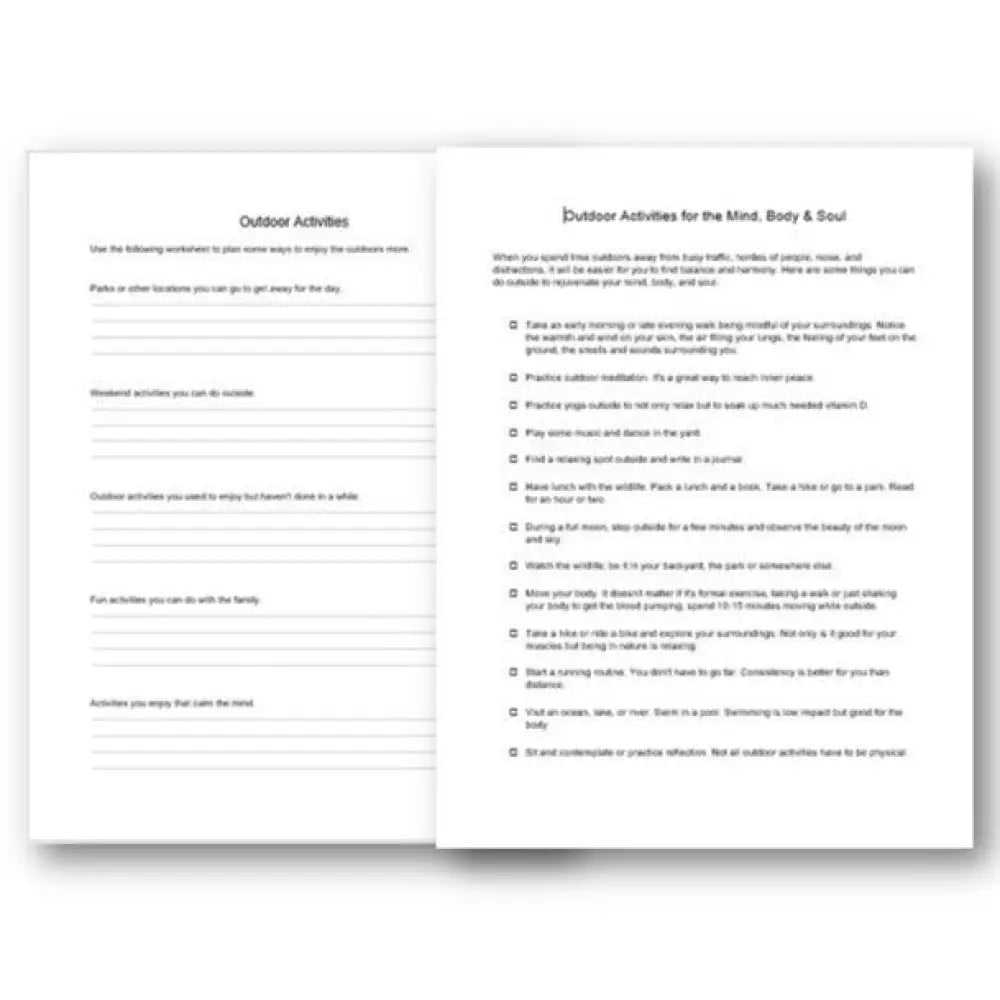 Outdoor Activities For The Mind Body & Soul Checklist And Worksheet Printable Worksheets Checklists