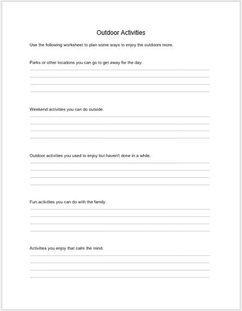 Outdoor Activities For The Mind Body & Soul Checklist And Worksheet Printable Worksheets Checklists