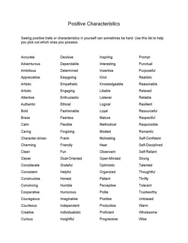 Positive Characteristics I See In Myself Checklist And Worksheet Printable Worksheets Checklists Plr