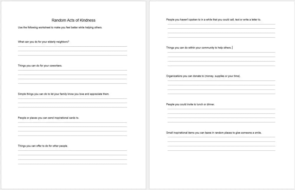 Random Acts Of Kindness Checklist And Worksheet Printable Worksheets Checklists Plr