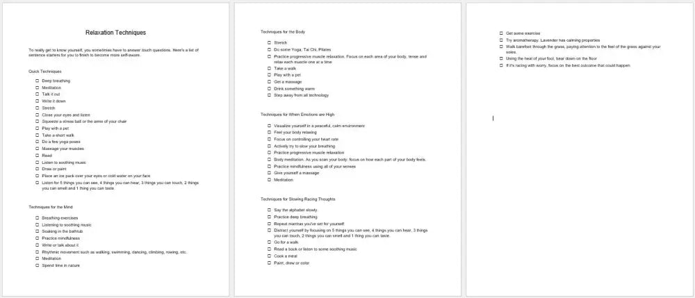 Relaxation Techniques Checklist And Worksheet Printable Worksheets Checklists Plr