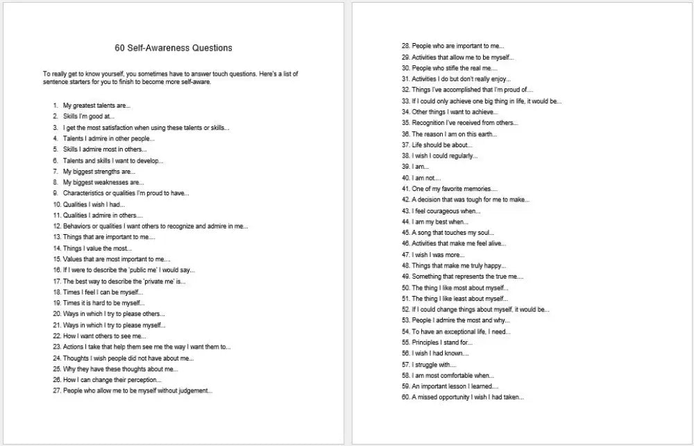 Self-Awareness 60 Questions And Worksheet Checklist Printable Worksheets Checklists Plr