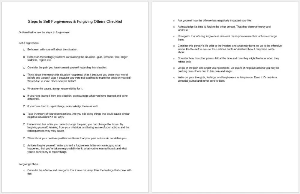 Self-Forgiveness Checklist And Worksheet Printable Worksheets Checklists Plr