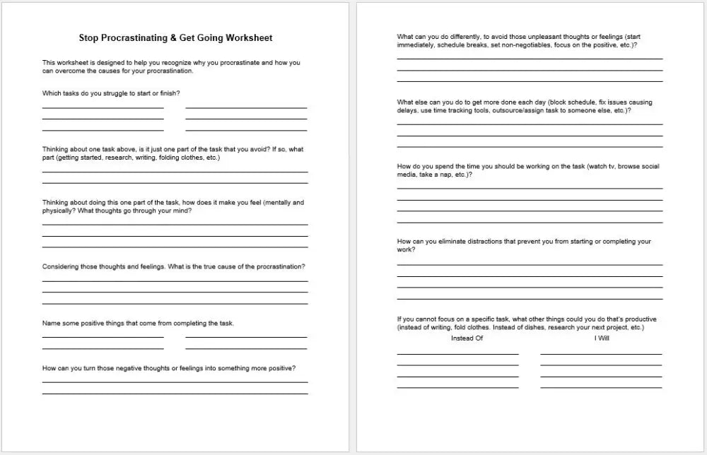 Stop Procrastinating & Get Going Checklist And Worksheet Printable Worksheets Checklists Plr