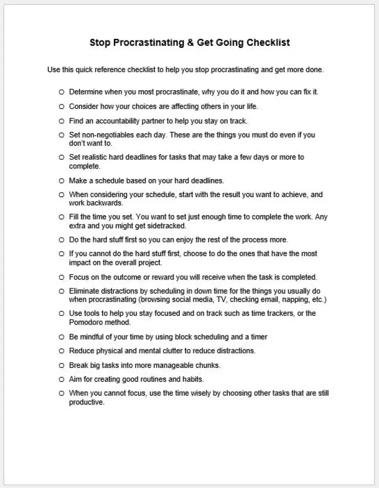 Stop Procrastinating & Get Going Checklist And Worksheet Printable Worksheets Checklists Plr