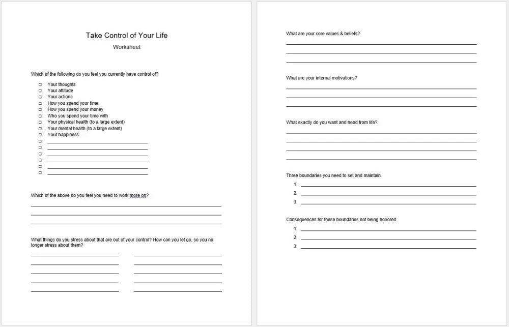 Control Checklists Example Take Control of Your Life Checklist and Worksheet