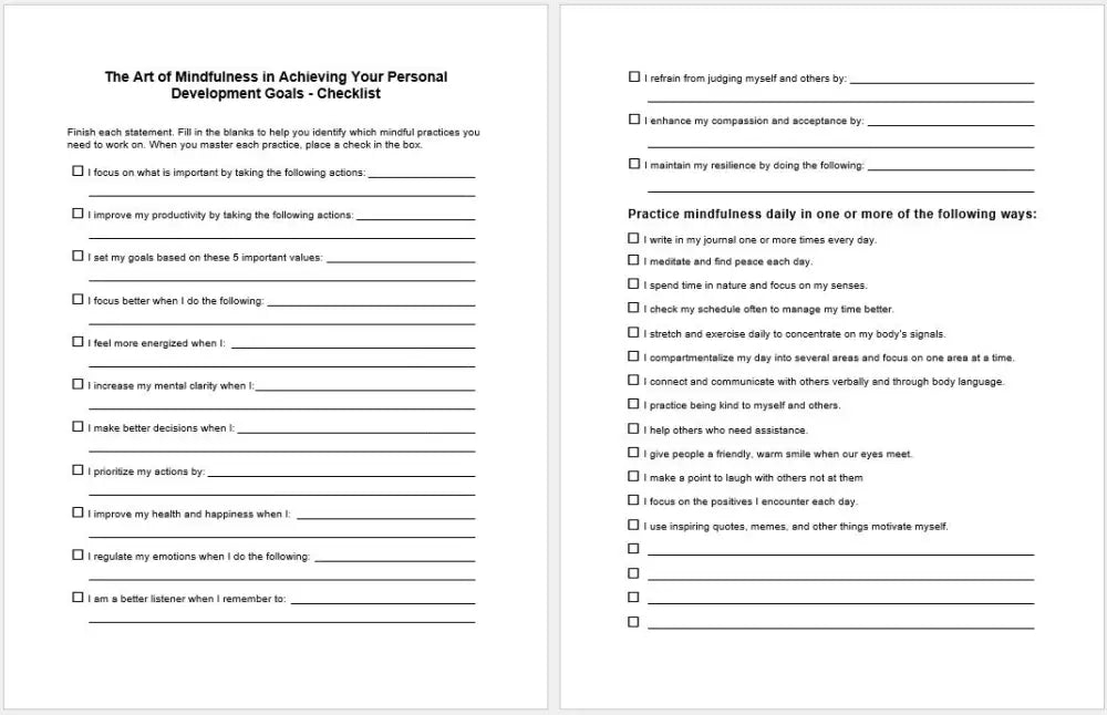 The Art Of Mindfulness In Achieving Your Personal Development Goals Checklist And Worksheet