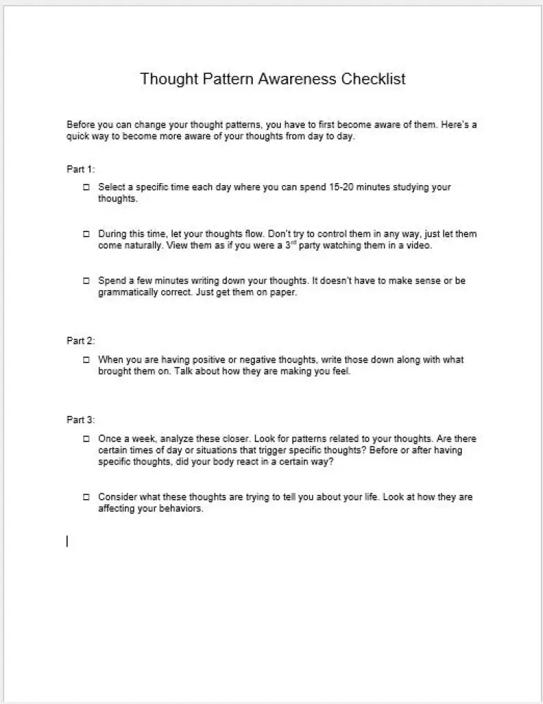 Thought Pattern Awareness Checklist and Worksheet