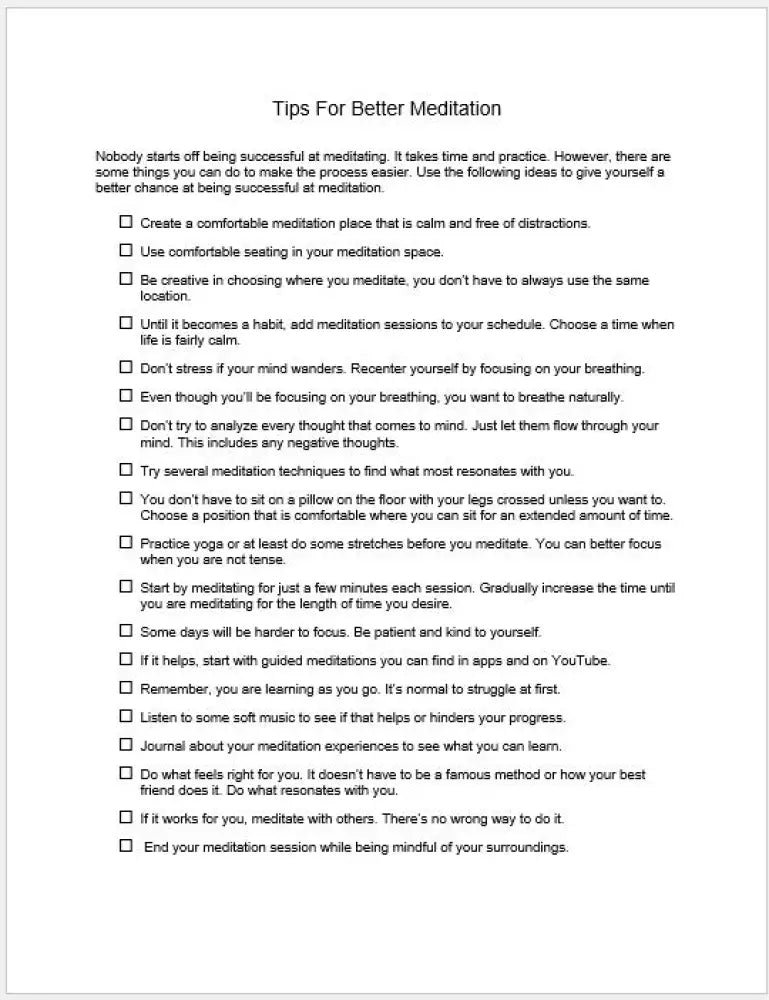 Tips For Better Meditation Checklist And Worksheet Printable Worksheets Checklists Plr