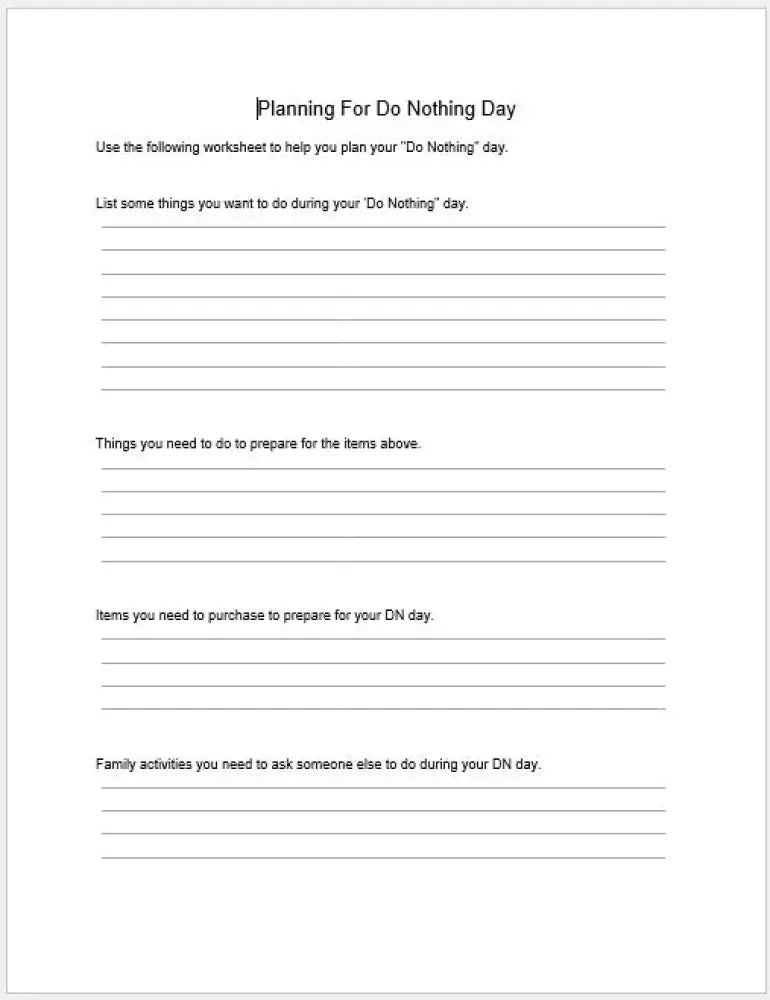 Ways To Enjoy A Do Nothing Day Checklist And Worksheet Printable Worksheets Checklists Plr