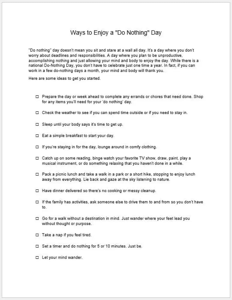 Ways To Enjoy A Do Nothing Day Checklist And Worksheet Printable Worksheets Checklists Plr