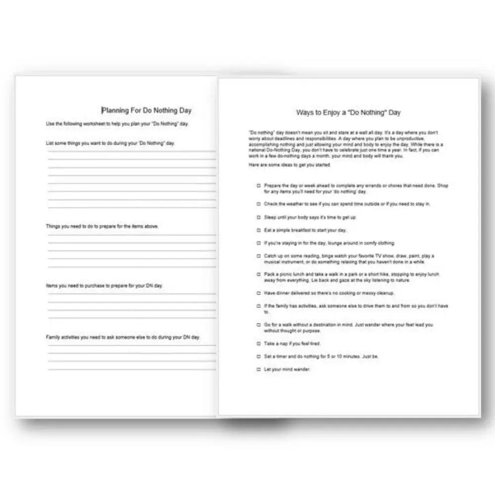 Ways To Enjoy A Do Nothing Day Checklist And Worksheet Printable Worksheets Checklists Plr