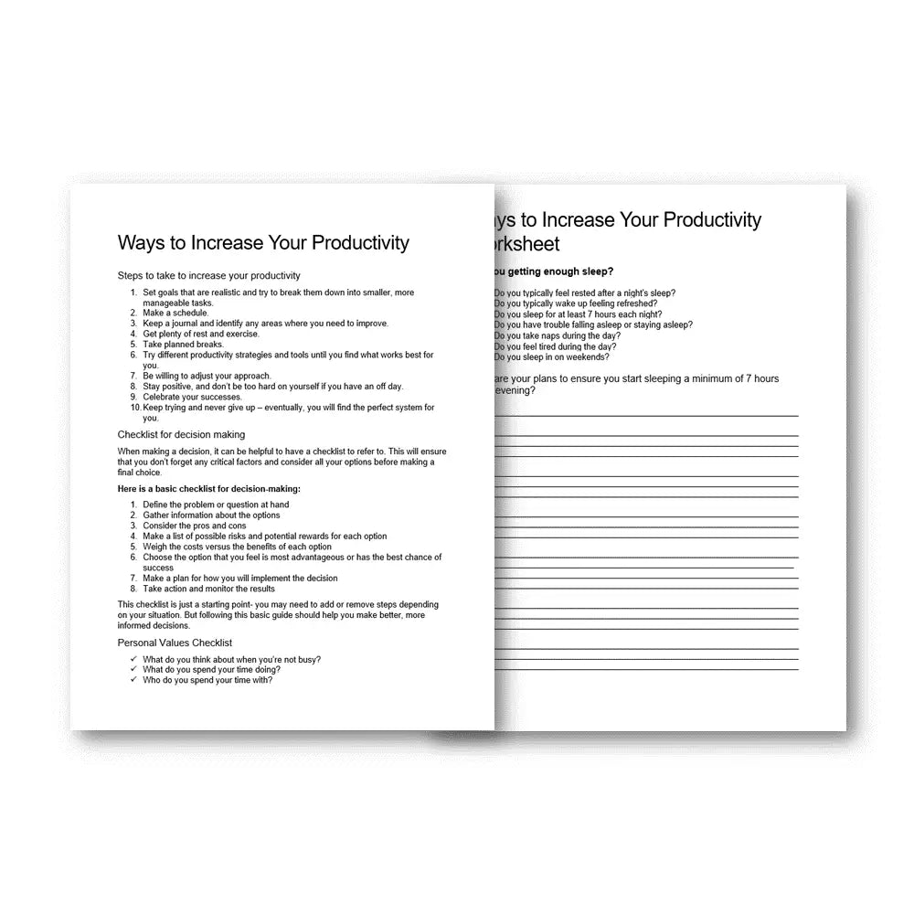 Ways To Increase Your Productivity Checklist & Worksheet Printable Worksheets And Checklists Plr