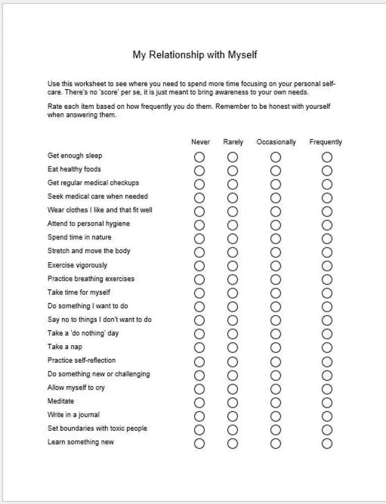 Your Relationship With Yourself Checklist And Worksheet Printable Worksheets Checklists Plr